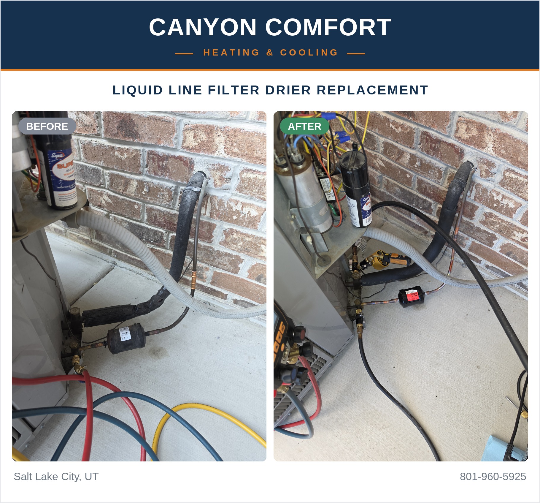 Before and after replacing a liquid line filter drier on an air conditioner