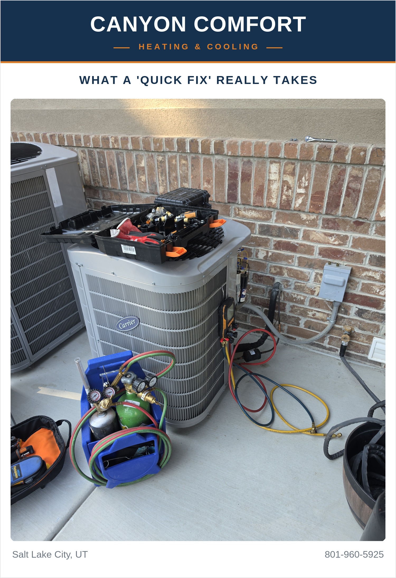 Torch set, manifold gauges, and recovery equipment staged for a proper AC repair