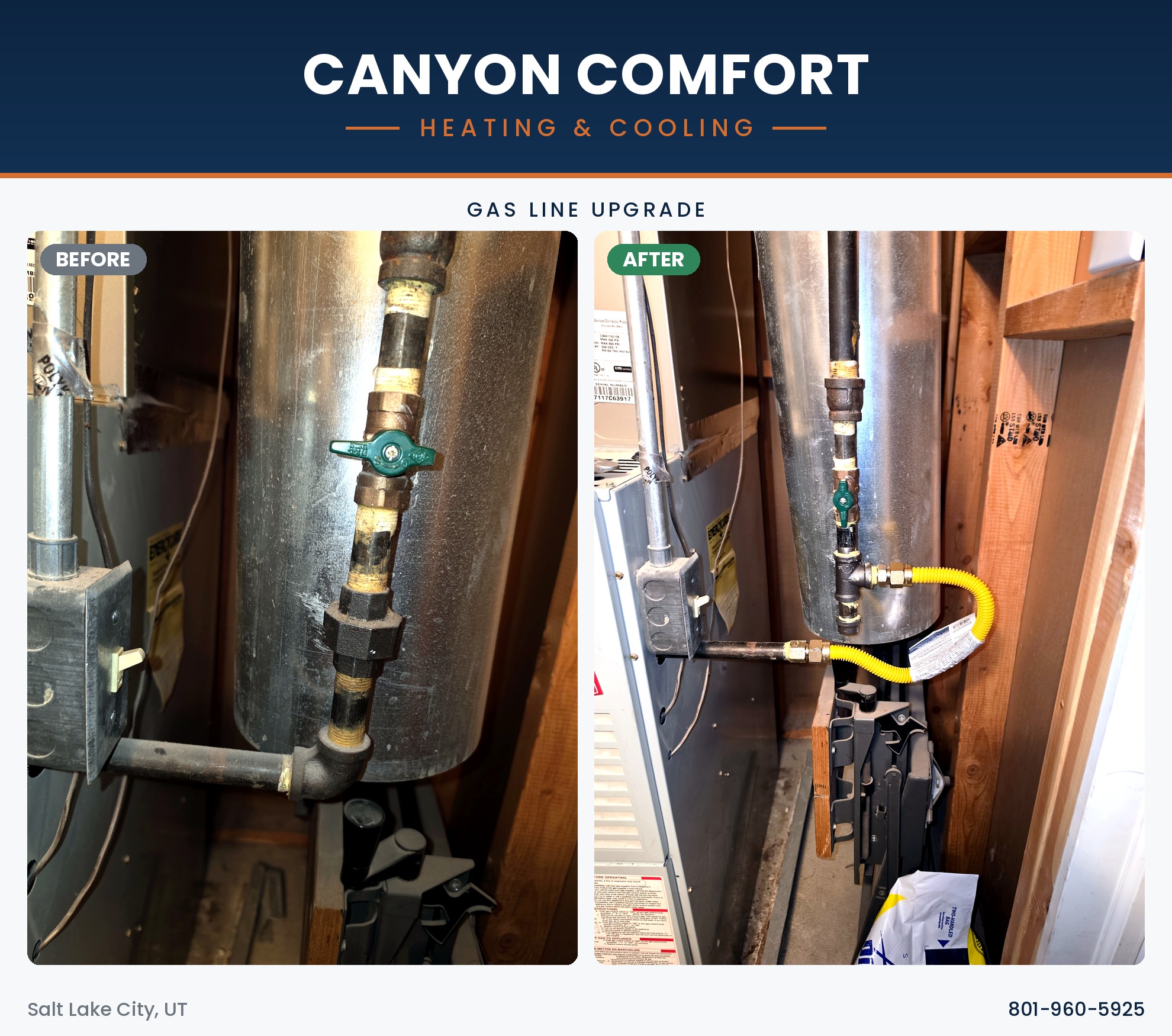 Before and after a gas line upgrade by Canyon Comfort in Alpine