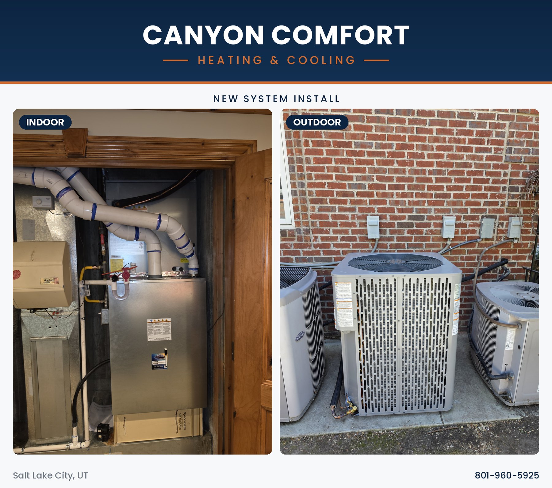 A clean indoor and outdoor HVAC system installed by Canyon Comfort